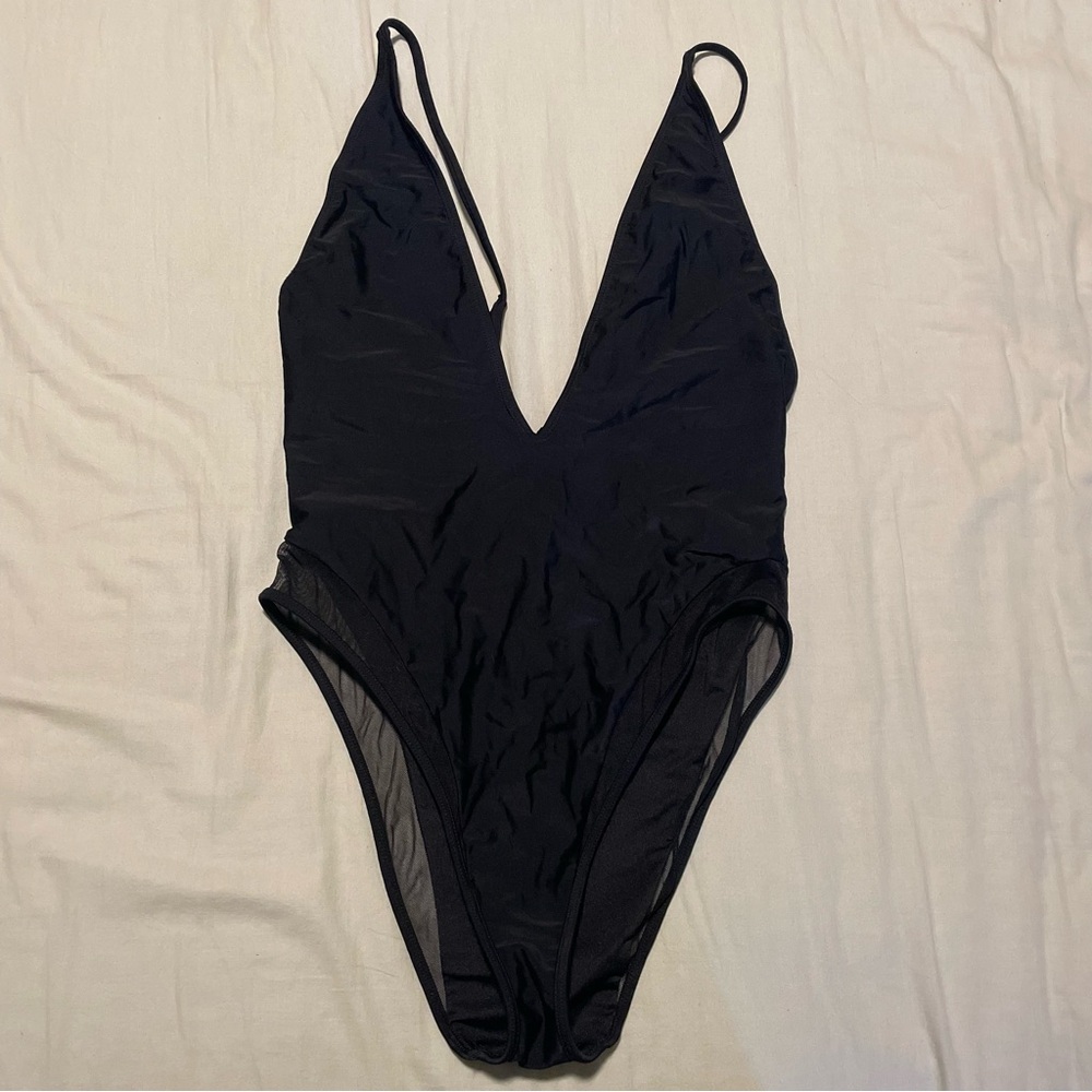 Forever 21 Black Deep V One-Piece Swimsuit